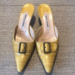 Manolo Blahnik mustard yellow slides with buckle